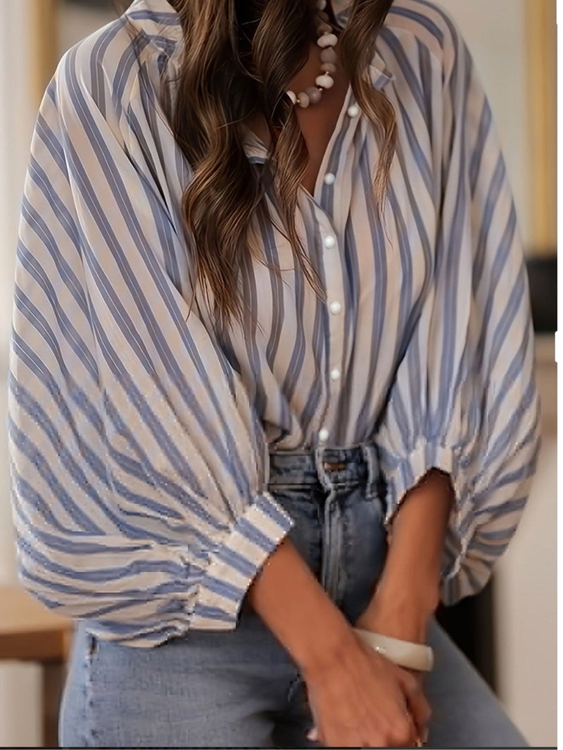 OUTZIDR Blue Bishop Sleeve Striped Top - Image 2